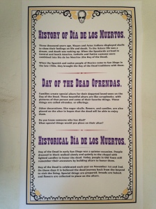 Poster explaining origins of Dia de los Muertos